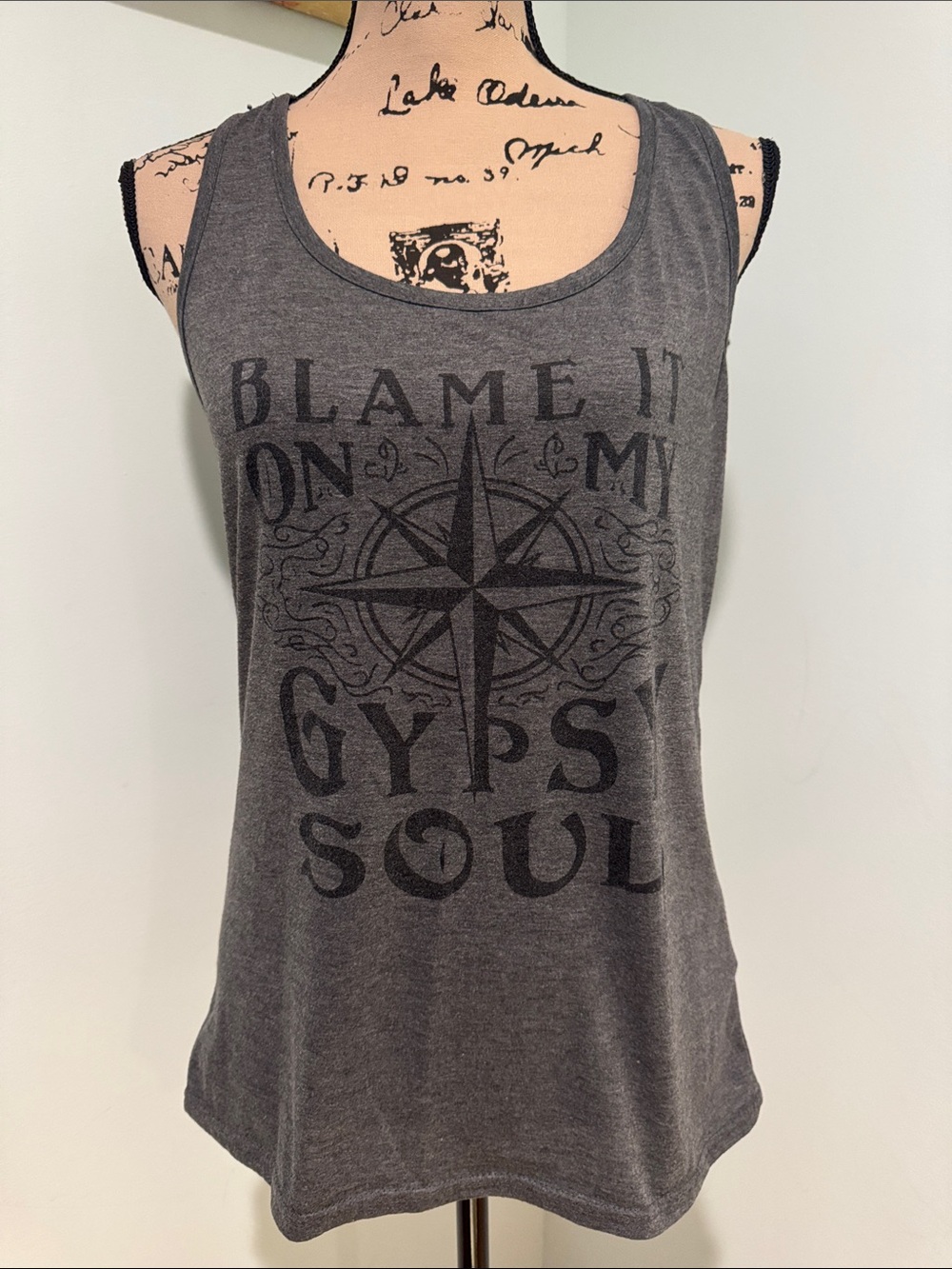 Small Women's Gray Graphic Tank Top - 'Blame It On My Gypsy Soul'